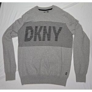 DKNY Gray Cotton‎ Blend Striped Logo Graphic Crew Neck Sweater Casual Pullover